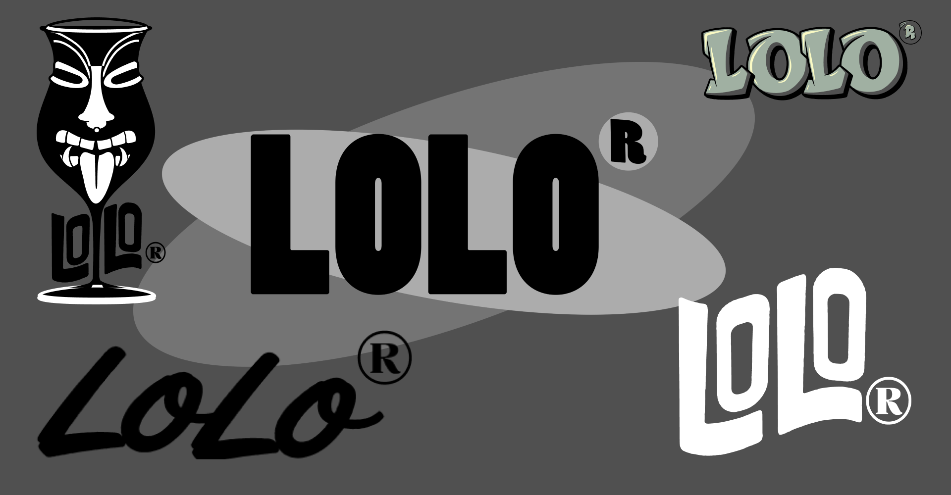 A collection of LoLo logo variations in different fonts and styles, including bold, script, and tiki-themed designs, presented on a dark gray background.