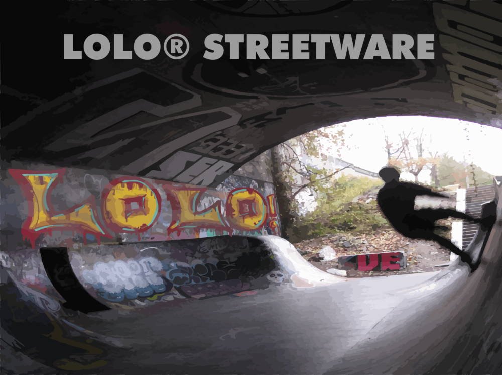 Graphic featuring a skateboarder performing a trick in a graffiti-filled tunnel with prominent 'LOLO' artwork and the text 'LOLO® Streetware' displayed in bold above the scene.